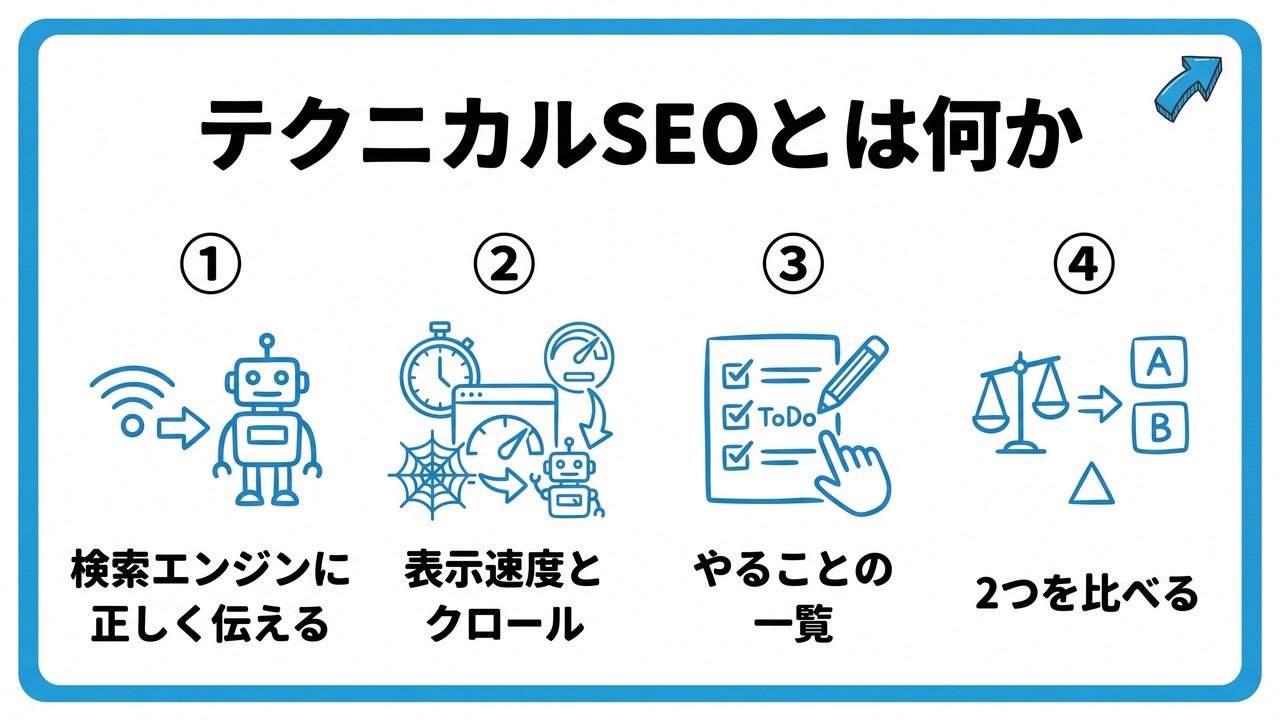 テクニカルSEOとは何かを、検索エンジンに正しく伝える・表示速度とクロール・やることの一覧・2つを比べるという4つに分けて図解したインフォグラフィックです。