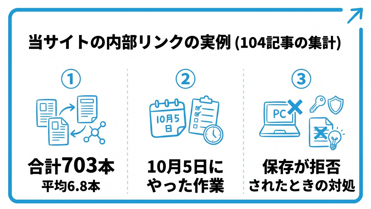 当サイトの内部リンクの実例(104記事の集計)を、合計703本・平均6.8本・10月5日にやった作業・保存が拒否されたときの対処という3つに分けて図解したインフォグラフィックです。