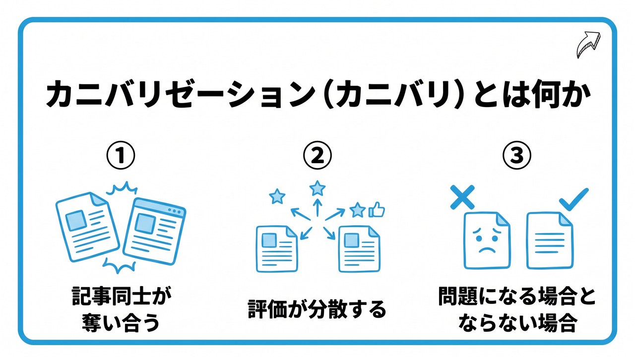 カニバリゼーション(カニバリ)とは何かを、記事同士が奪い合う・評価が分散する・問題になる場合とならない場合という3つに分けて図解したインフォグラフィックです。