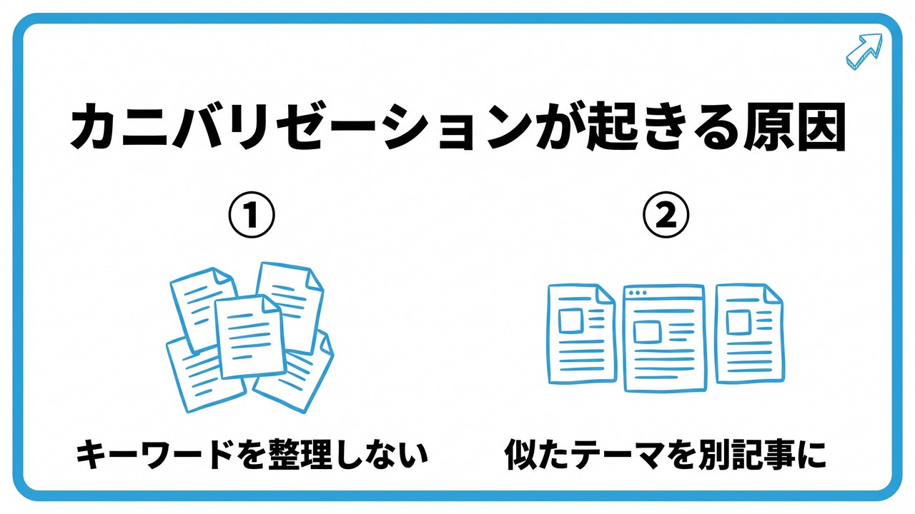 カニバリゼーションが起きる原因を、キーワードを整理しない・似たテーマを別記事にという2つに分けて図解したインフォグラフィックです。