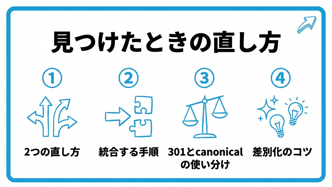 見つけたときの直し方を、2つの直し方・統合する手順・301とcanonicalの使い分け・差別化のコツという4つに分けて図解したインフォグラフィックです。