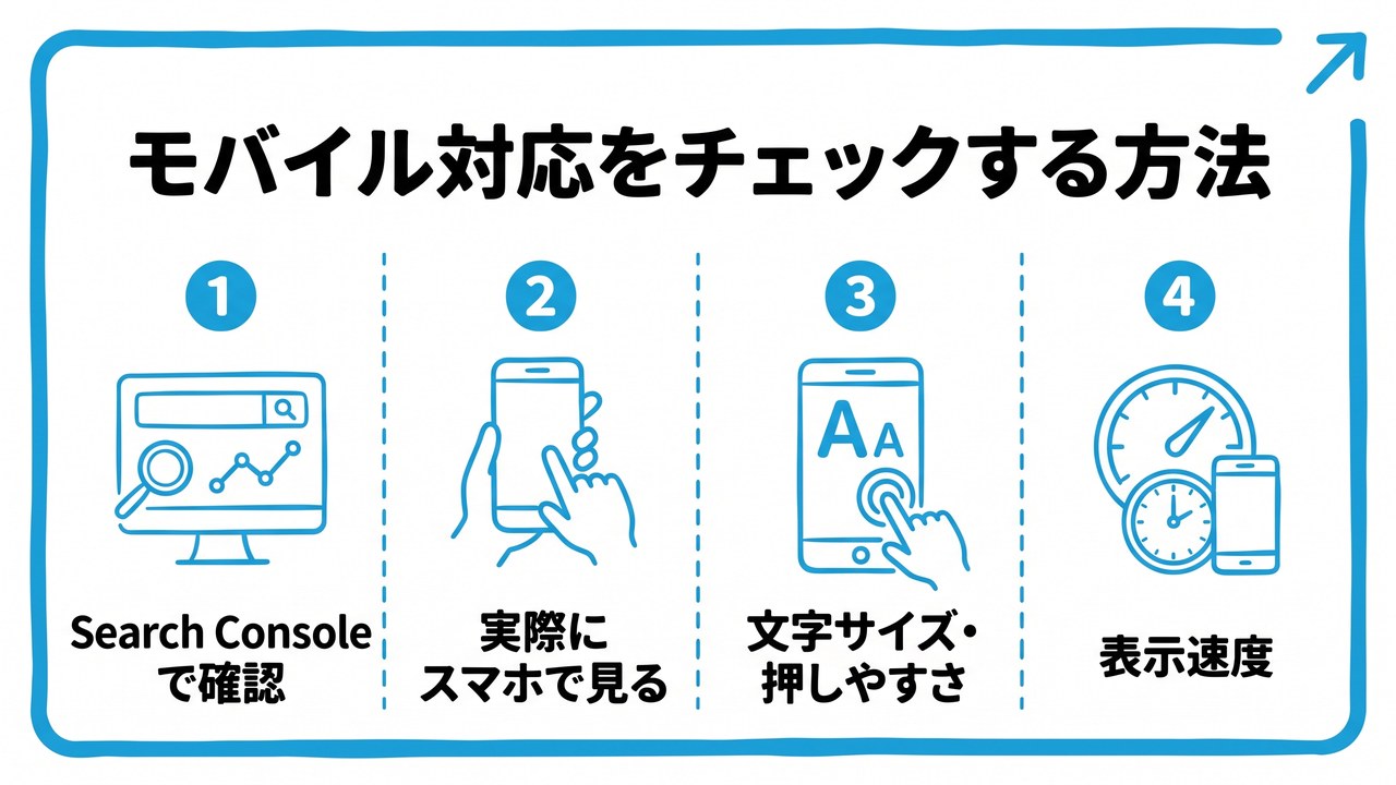 モバイル対応をチェックする方法を、Search Consoleで確認・実際にスマホで見る・文字サイズ・押しやすさ・表示速度という4つに分けて図解したインフォグラフィックです。