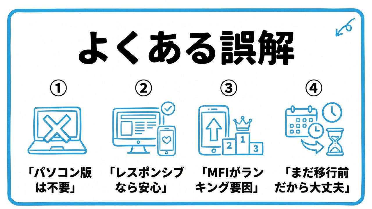よくある誤解を、「パソコン版は不要」・「レスポンシブなら安心」・「MFIがランキング要因」・「まだ移行前だから大丈夫」という4つに分けて図解したインフォグラフィックです。