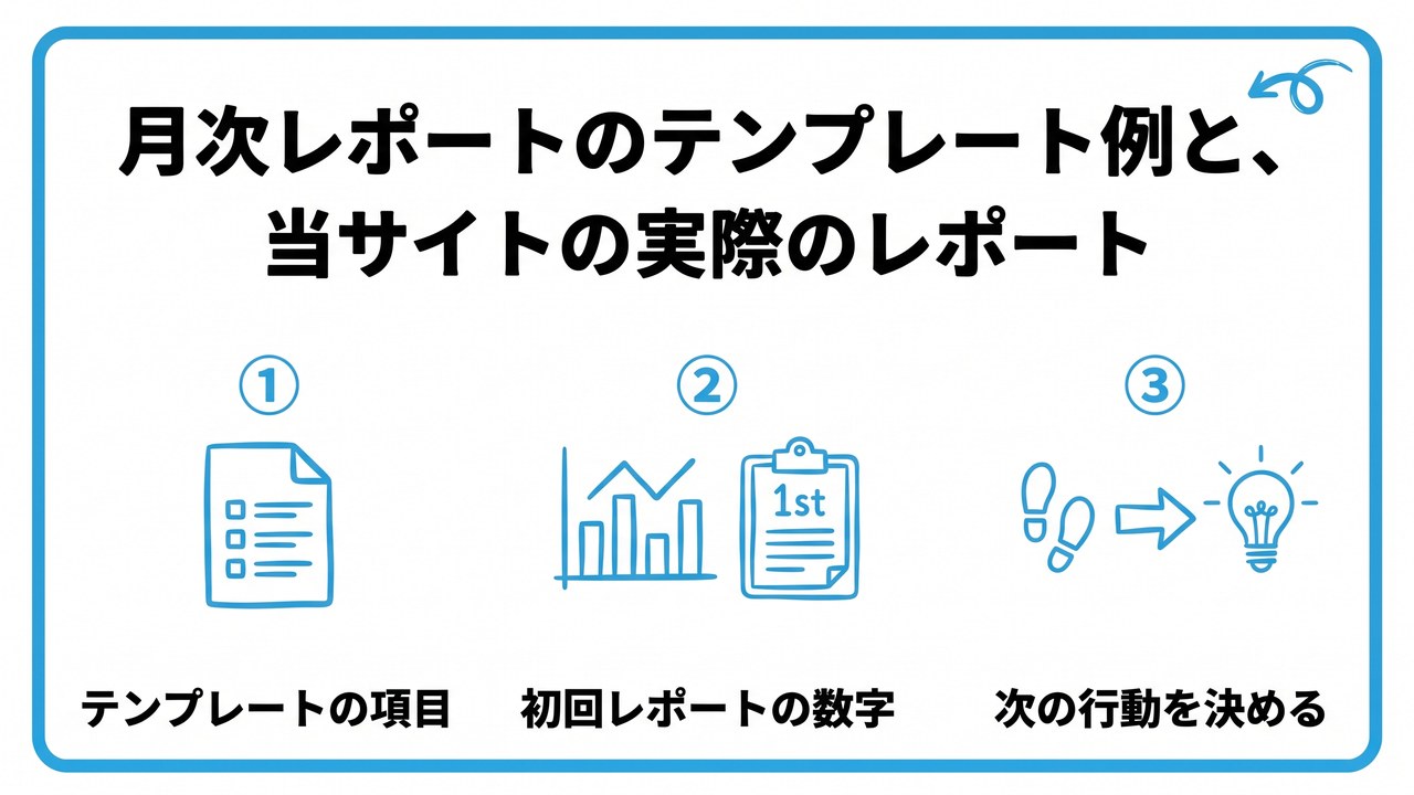 月次レポートのテンプレート例と、当サイトの実際のレポートを、テンプレートの項目・初回レポートの数字・次の行動を決めるという3つに分けて図解したインフォグラフィックです。