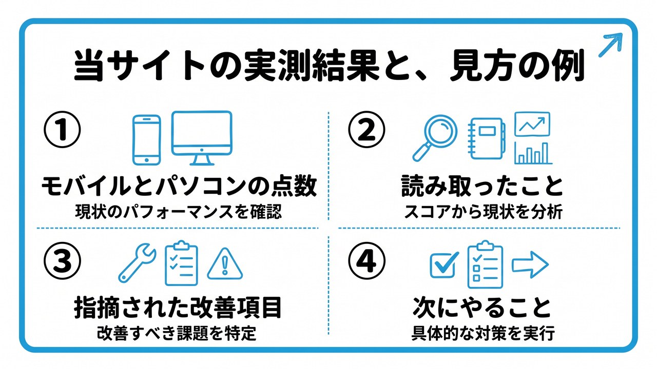 当サイトの実測結果と、見方の例を、モバイルとパソコンの点数・読み取ったこと・指摘された改善項目・次にやることという4つに分けて図解したインフォグラフィックです。