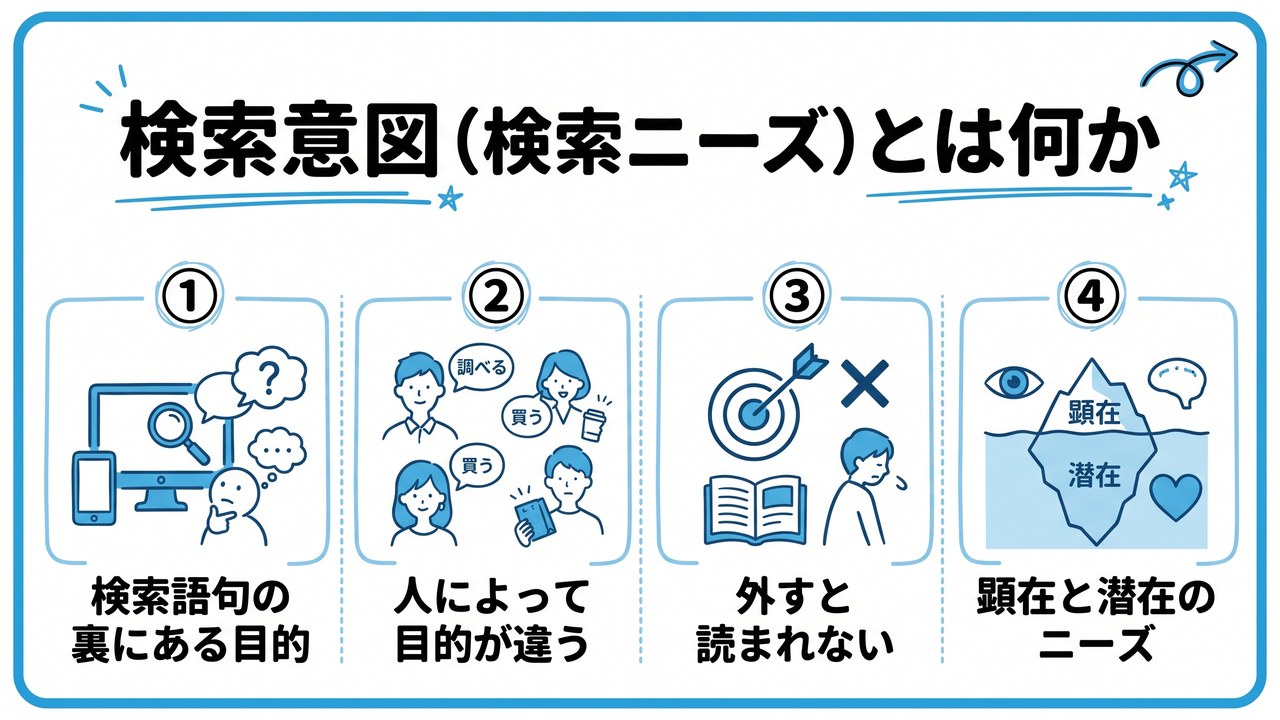検索意図(検索ニーズ)とは何かを、検索語句の裏にある目的・人によって目的が違う・外すと読まれない・顕在と潜在のニーズという4つに分けて図解したインフォグラフィックです。