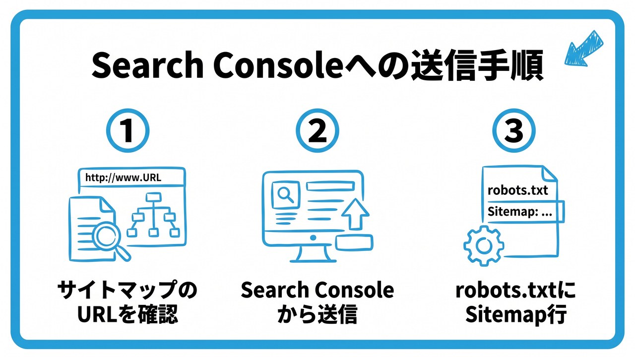 Search Consoleへの送信手順を、サイトマップのURLを確認・Search Consoleから送信・robots.txtにSitemap行という3つに分けて図解したインフォグラフィックです。