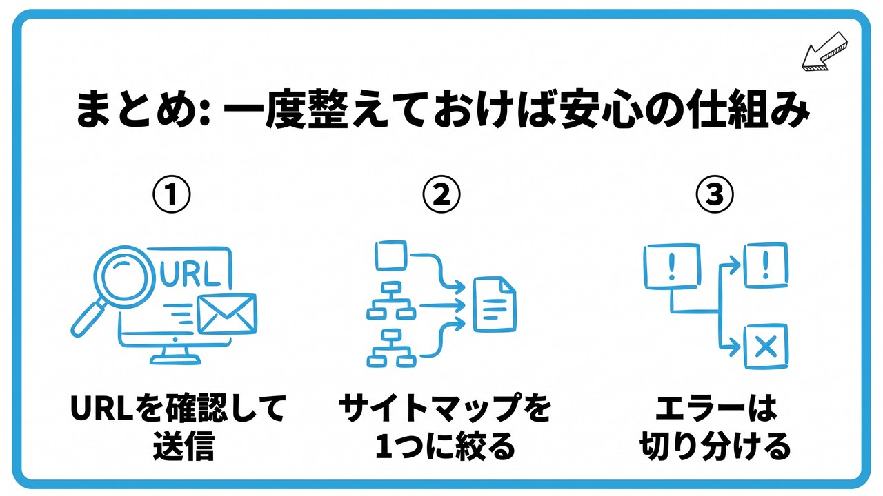 まとめ:一度整えておけば安心の仕組みを、URLを確認して送信・サイトマップを1つに絞る・エラーは切り分けるという3つに分けて図解したインフォグラフィックです。